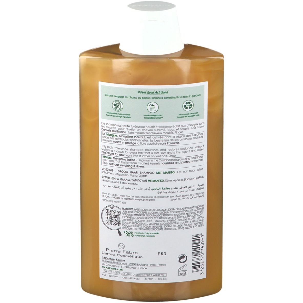 Achterkant van de shampoo fles. Tekst met productinformatie en QR-code. Bevat informatie over ingrediënten en duurzaamheid.