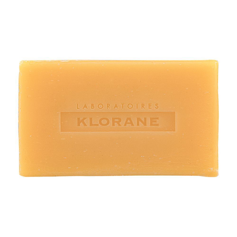 Klorane Shampoo Bar. Gele, rechthoekige zeep met logo.