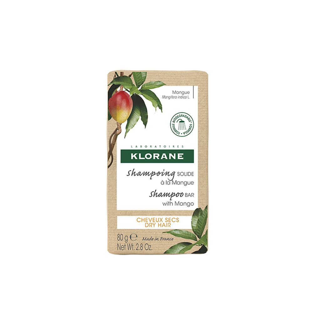 Klorane Mango Shampoo Bar. Rechthoekige verpakking. Mango-illustratie en productinformatie.
