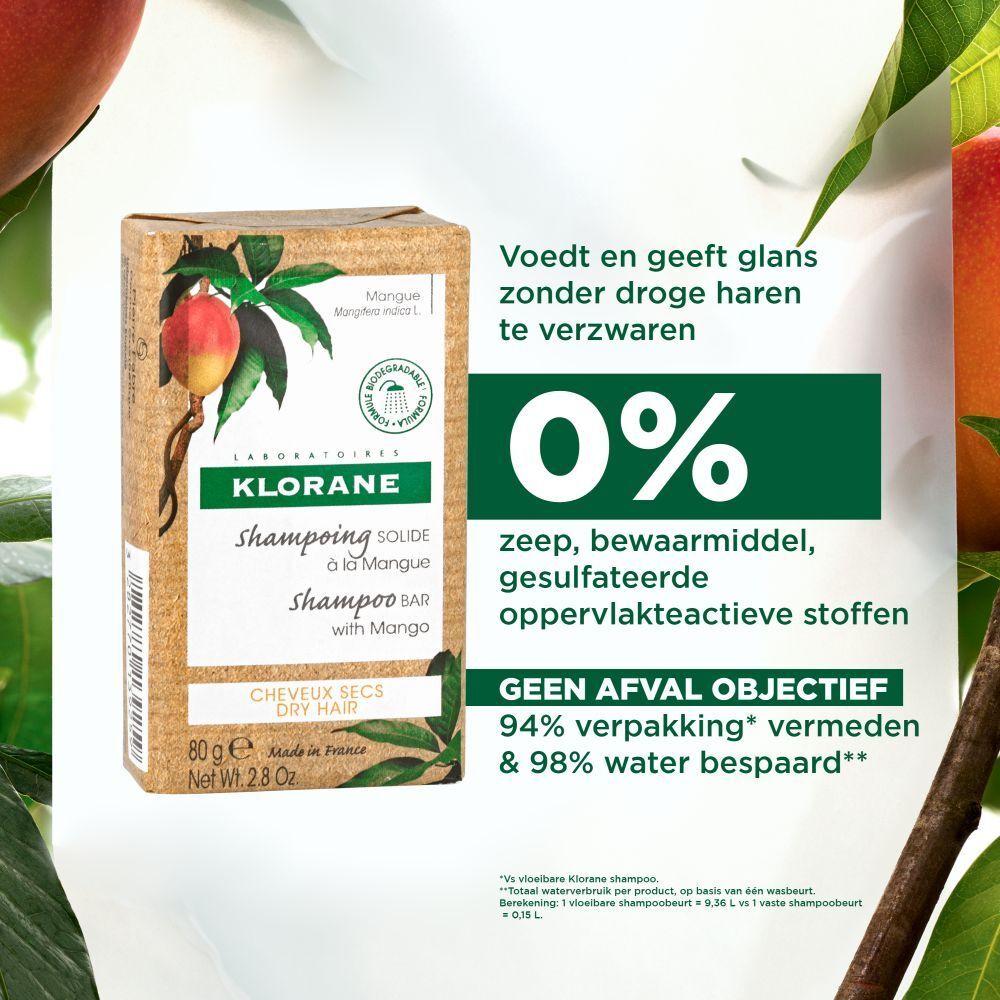 Klorane Mango Shampoo Bar. Verpakking met productinformatie en mango-illustratie.