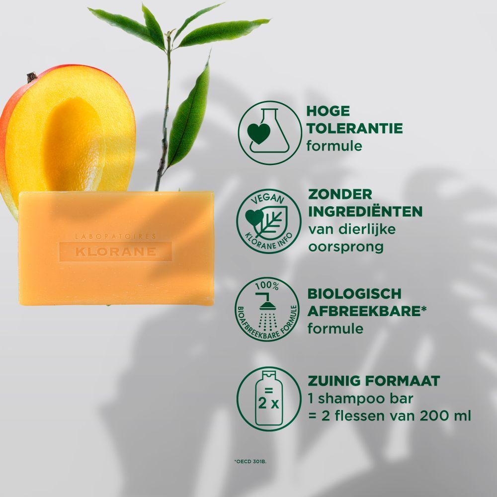 Klorane Mango Shampoo Bar. Gele zeep en illustraties. Voordelen en ingrediënten.