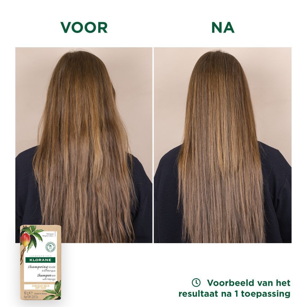 Klorane Mango Shampoo Bar. Voor-en-na vergelijking. Resultaten na één toepassing.