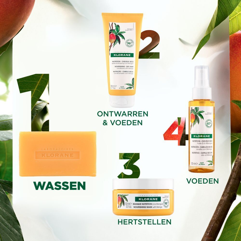 Klorane Mango productlijn. Vier producten: Shampoo Bar, conditioner, masker, olie.