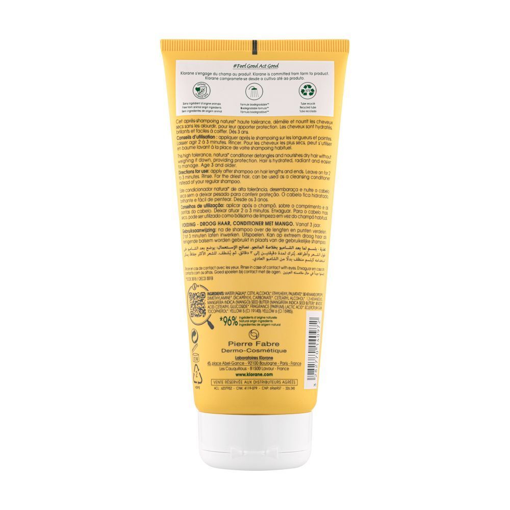 Gele tube KLORANE conditioner voor droog haar met mango. 96% ingrediënten van natuurlijke oorsprong.
