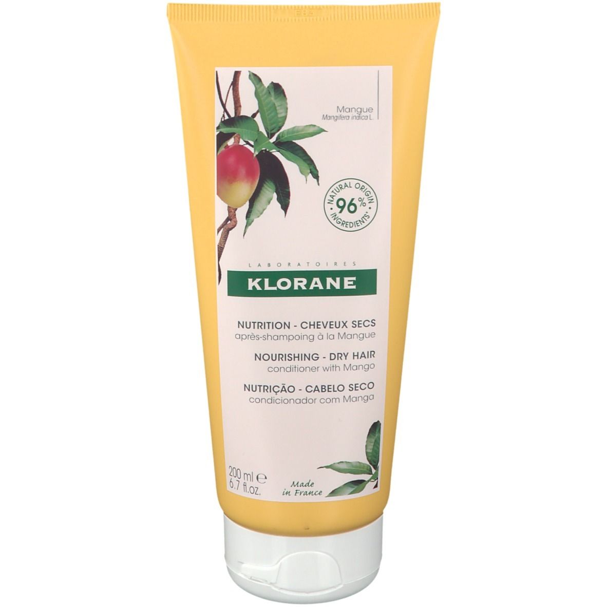 Gele tube KLORANE conditioner voor droog haar met mango. 96% ingrediënten van natuurlijke oorsprong.