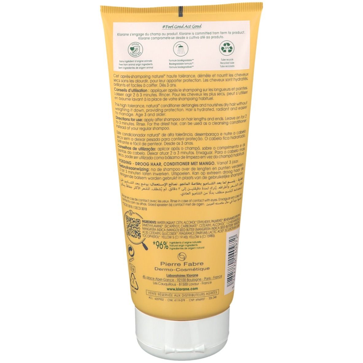 Achterkant van de gele KLORANE conditioner tube. Tekst met productinfo en certificeringen. 96% natuurlijke ingrediënten.
