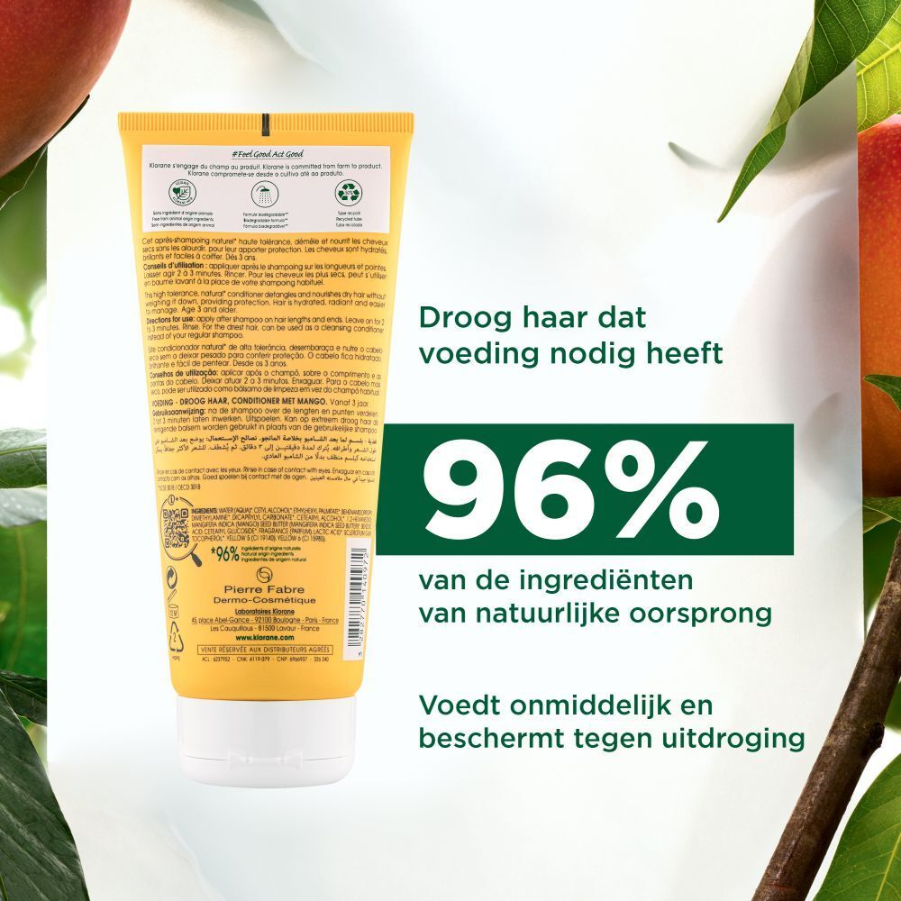 Achterkant van de gele KLORANE conditioner tube. Tekst met productinfo en certificeringen. 96% natuurlijke ingrediënten.