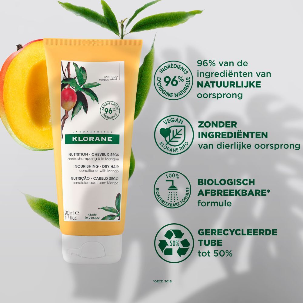 Gele tube KLORANE conditioner met tekst: 96% van de ingrediënten van natuurlijke oorsprong. Voedt en beschermt.