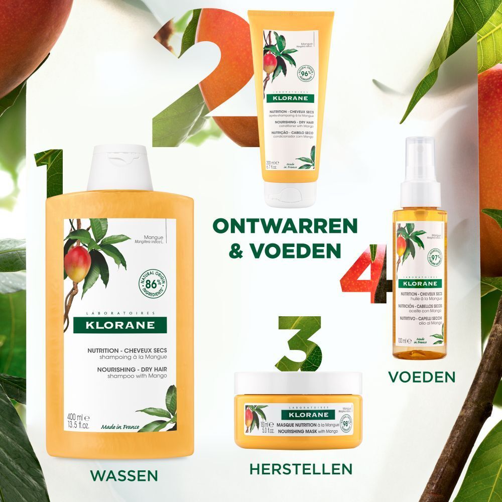 Gele tube KLORANE conditioner met tekst: 96% van de ingrediënten van natuurlijke oorsprong, vegan, biologisch afbreekbaar.