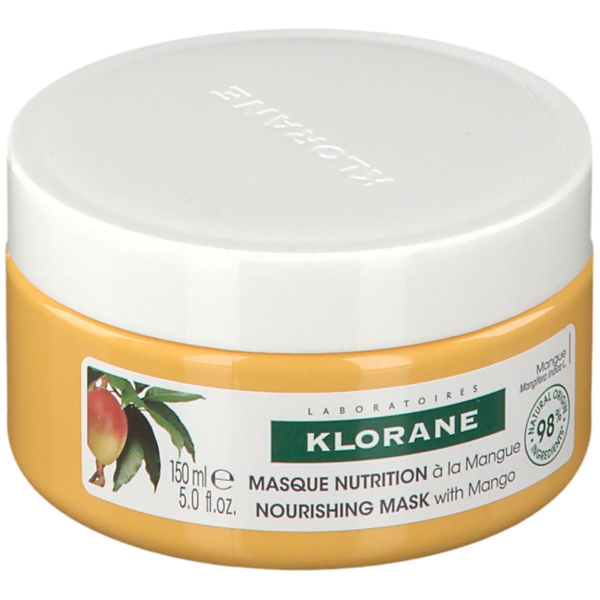 Pot jaune avec couvercle blanc. Inscription: KLORANE, Masque Nutrition à la Mangue, 150 ml, 5.0 fl.oz. Image de mangue.