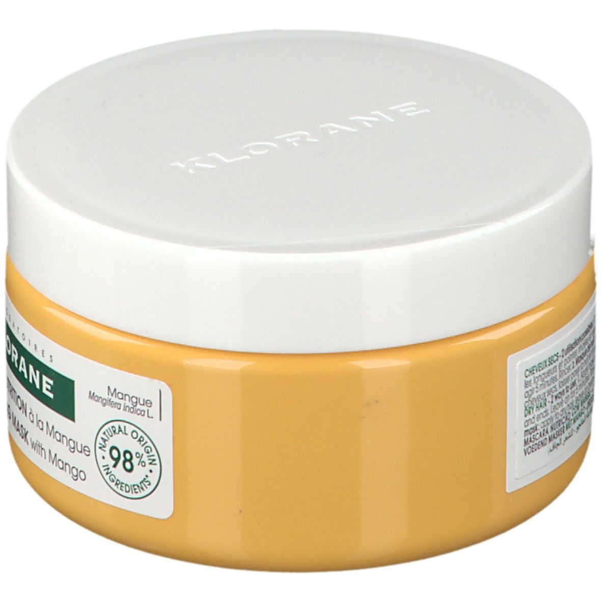 Pot jaune avec couvercle blanc. Inscription: KLORANE, Masque Nutrition à la Mangue, 98% ingrédients d'origine naturelle.