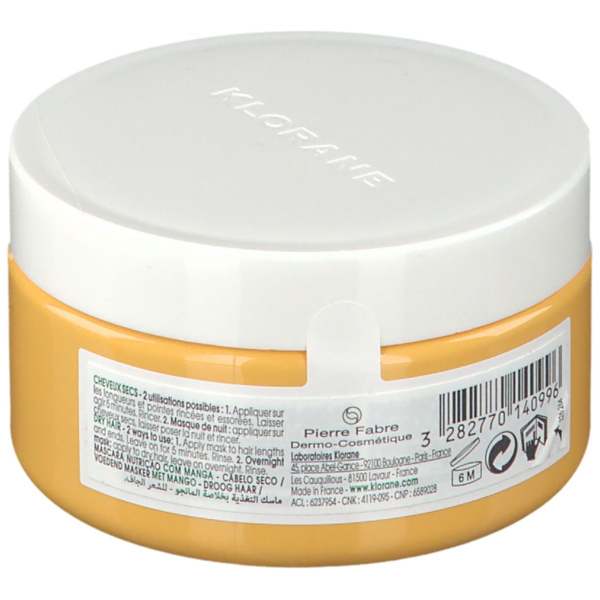 Pot jaune avec couvercle blanc. Inscription: Pierre Fabre, Dermo-Cosmétique. Code-barres et informations d'utilisation.
