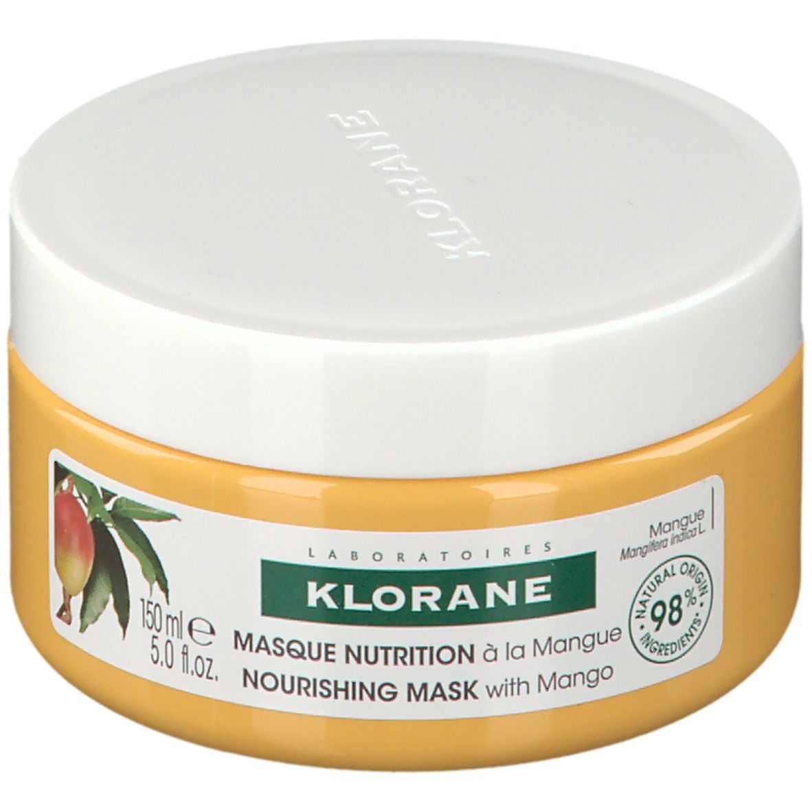 Pot jaune avec couvercle blanc. Inscription: KLORANE, Masque Nutrition à la Mangue, 150 ml, 5.0 fl.oz. Image de mangue.