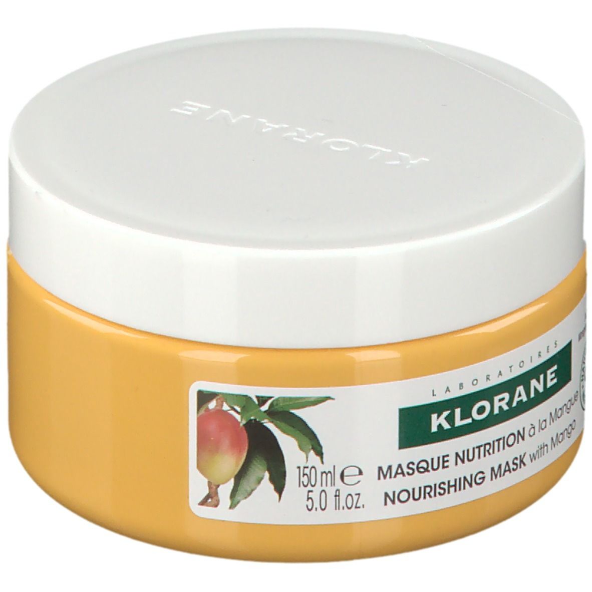 Pot jaune avec couvercle blanc. Inscription: KLORANE, Masque Nutrition à la Mangue, 150 ml, 5.0 fl.oz. Image de mangue.