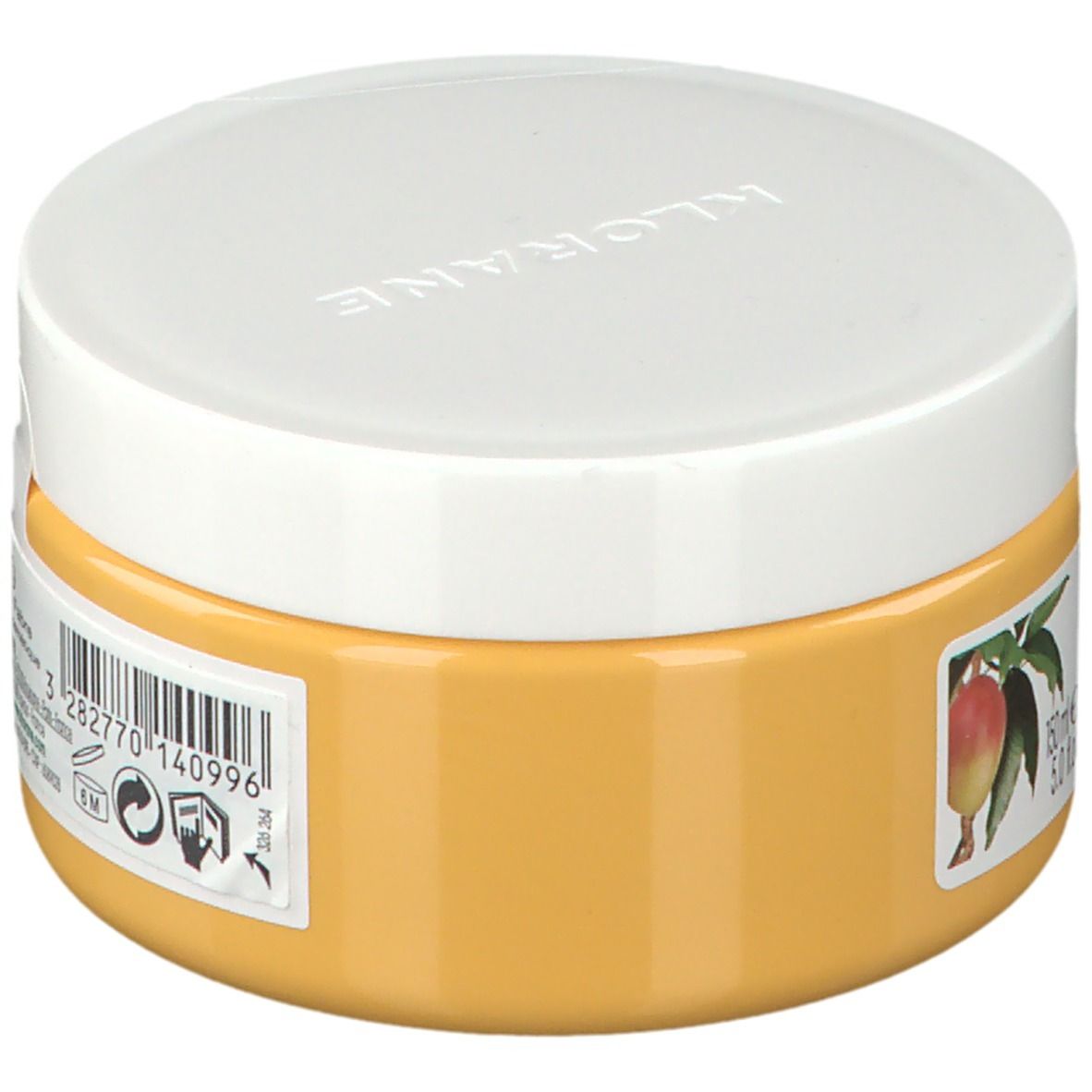 Pot jaune avec couvercle blanc. Inscription: KLORANE, Masque Nutrition à la Mangue. Code-barres et image de mangue.