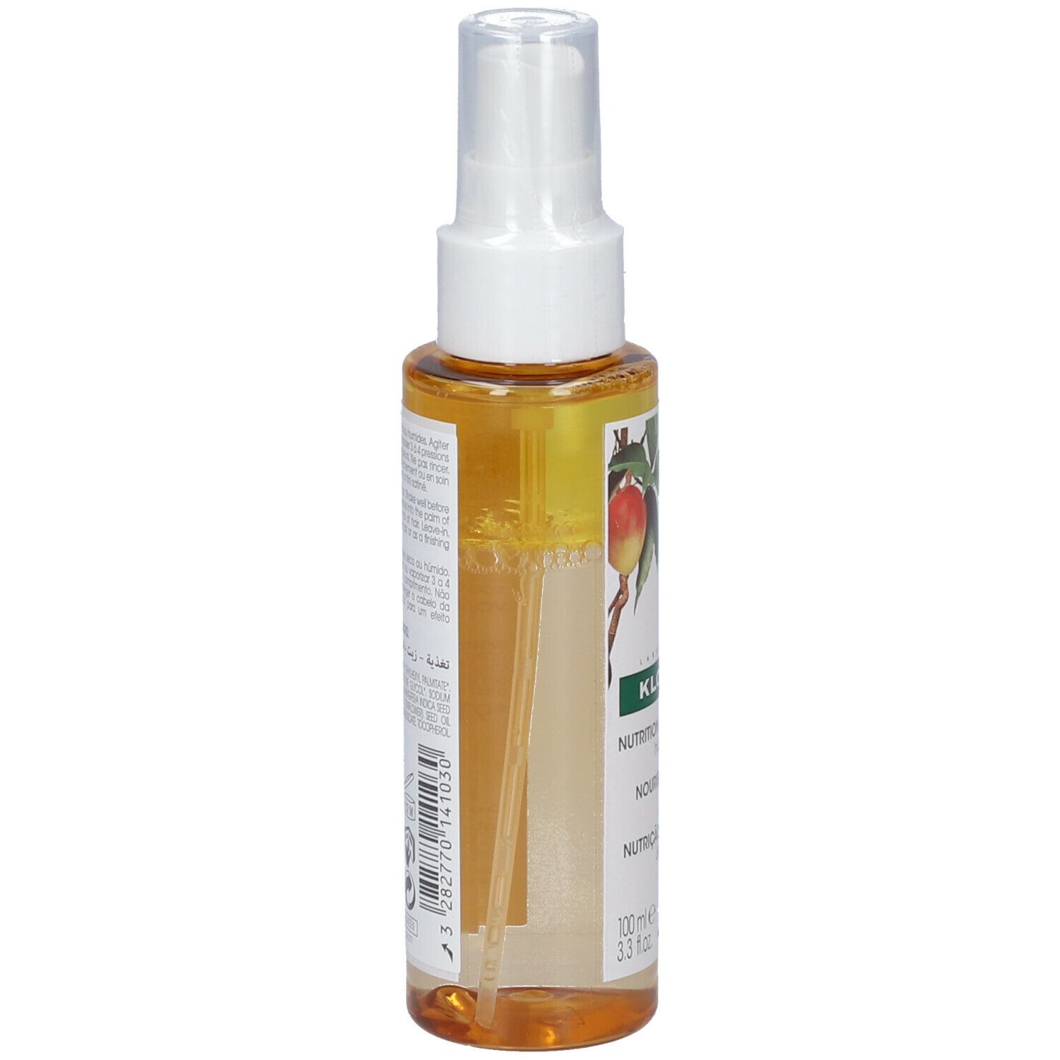 Klorane haarolie met mangoboter. Fles met verstuiver. Zijaanzicht met tekst en barcode.