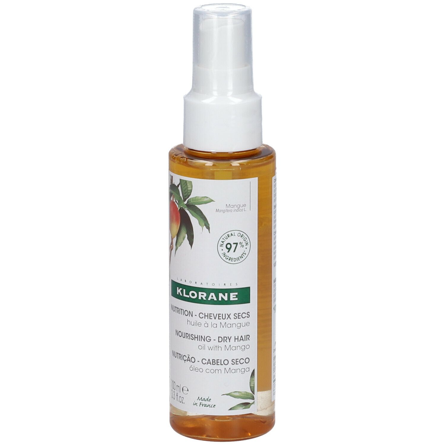 Klorane haarolie met mangoboter. Fles met verstuiver. Etiket met mango-illustratie en tekst.