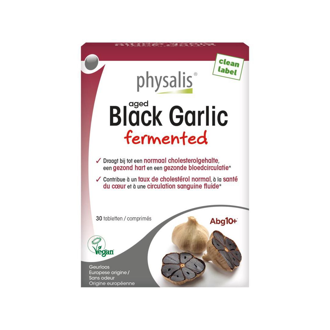 Boîte de physalis® Black Garlic fermented. Contient 30 comprimés. Label Bio et logo Vegan. Illustration de gousses d'ail.