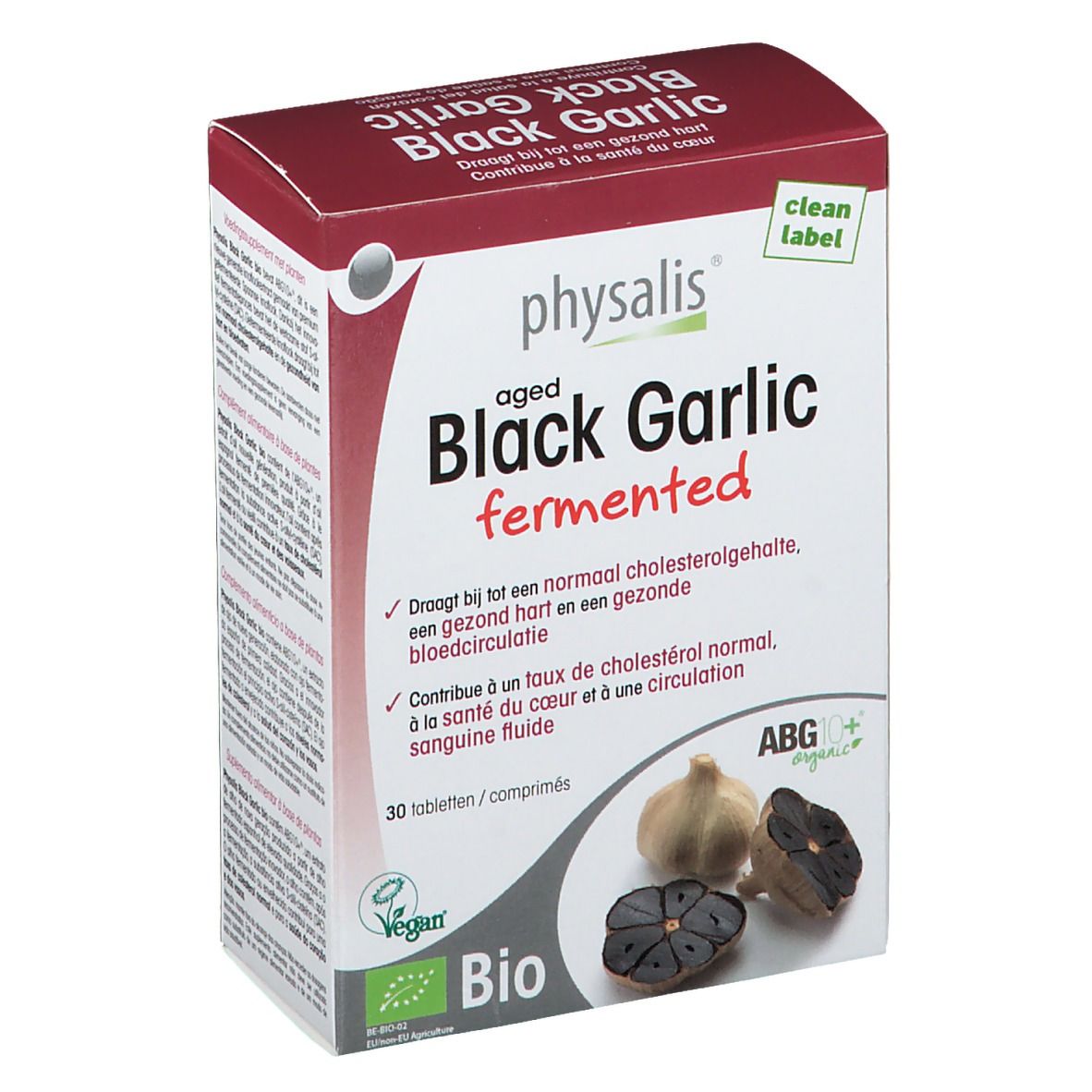 Boîte de physalis® Black Garlic fermented. Contient 30 comprimés. Label Bio et logo Vegan. Illustration de gousses d'ail.