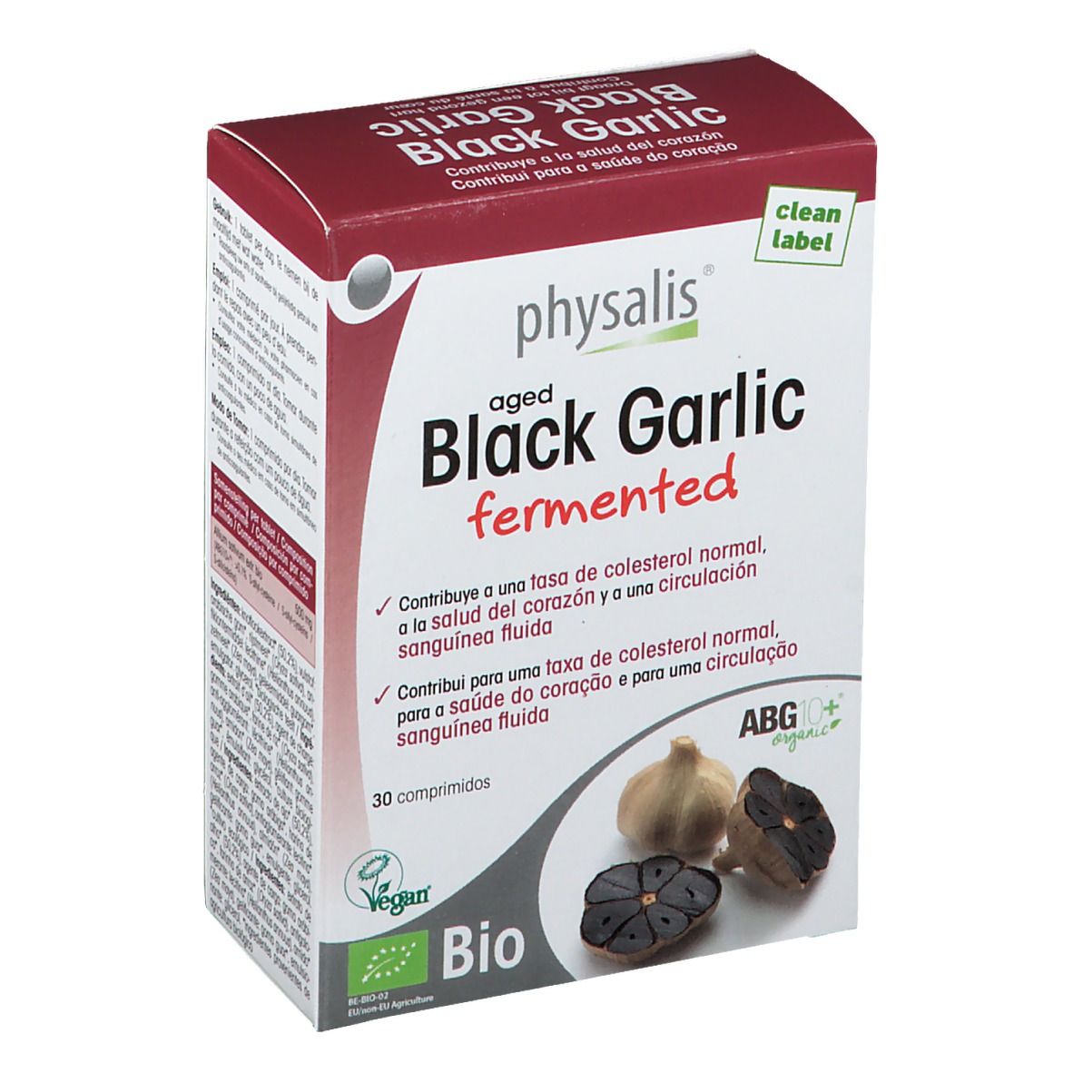 Boîte de physalis® Black Garlic fermented. Contient 30 comprimés. Label Bio et logo Vegan. Illustration de gousses d'ail.
