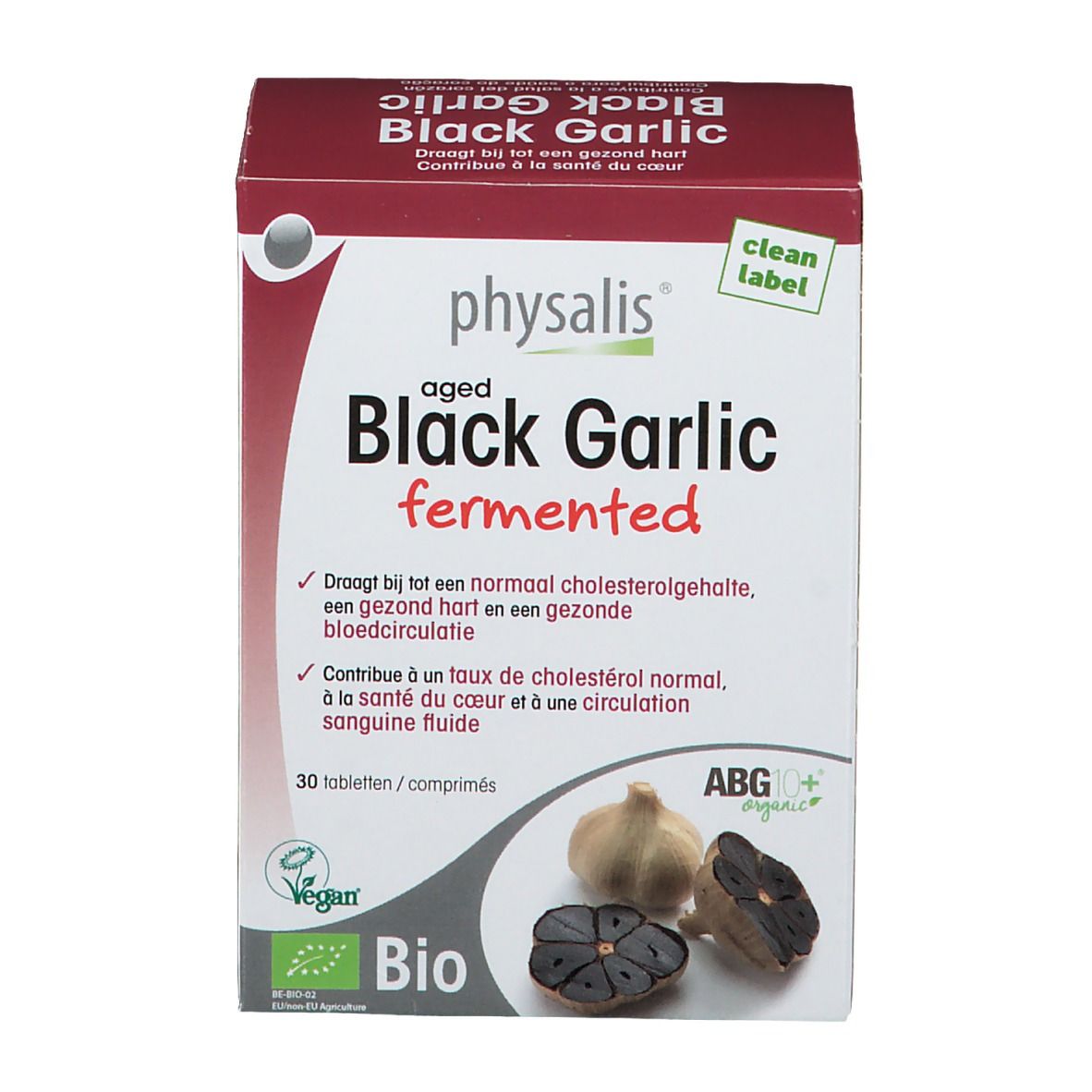 Boîte de physalis® Black Garlic fermented. Contient 30 comprimés. Label Bio et logo Vegan. Illustration de gousses d'ail.