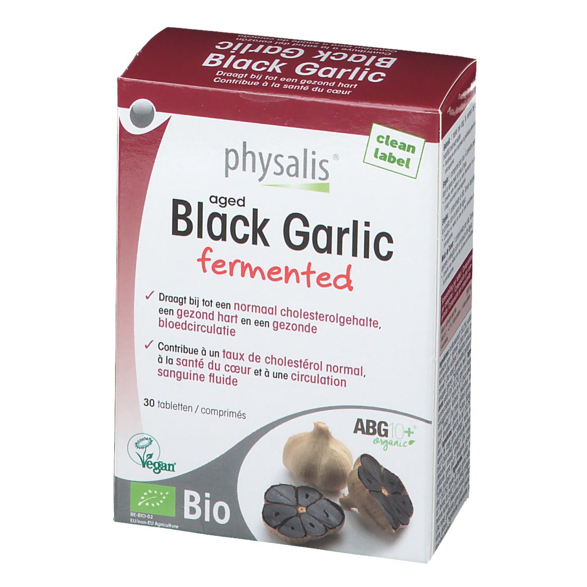 Boîte de physalis® Black Garlic fermented. Contient 30 comprimés. Label Bio et logo Vegan. Illustration de gousses d'ail.