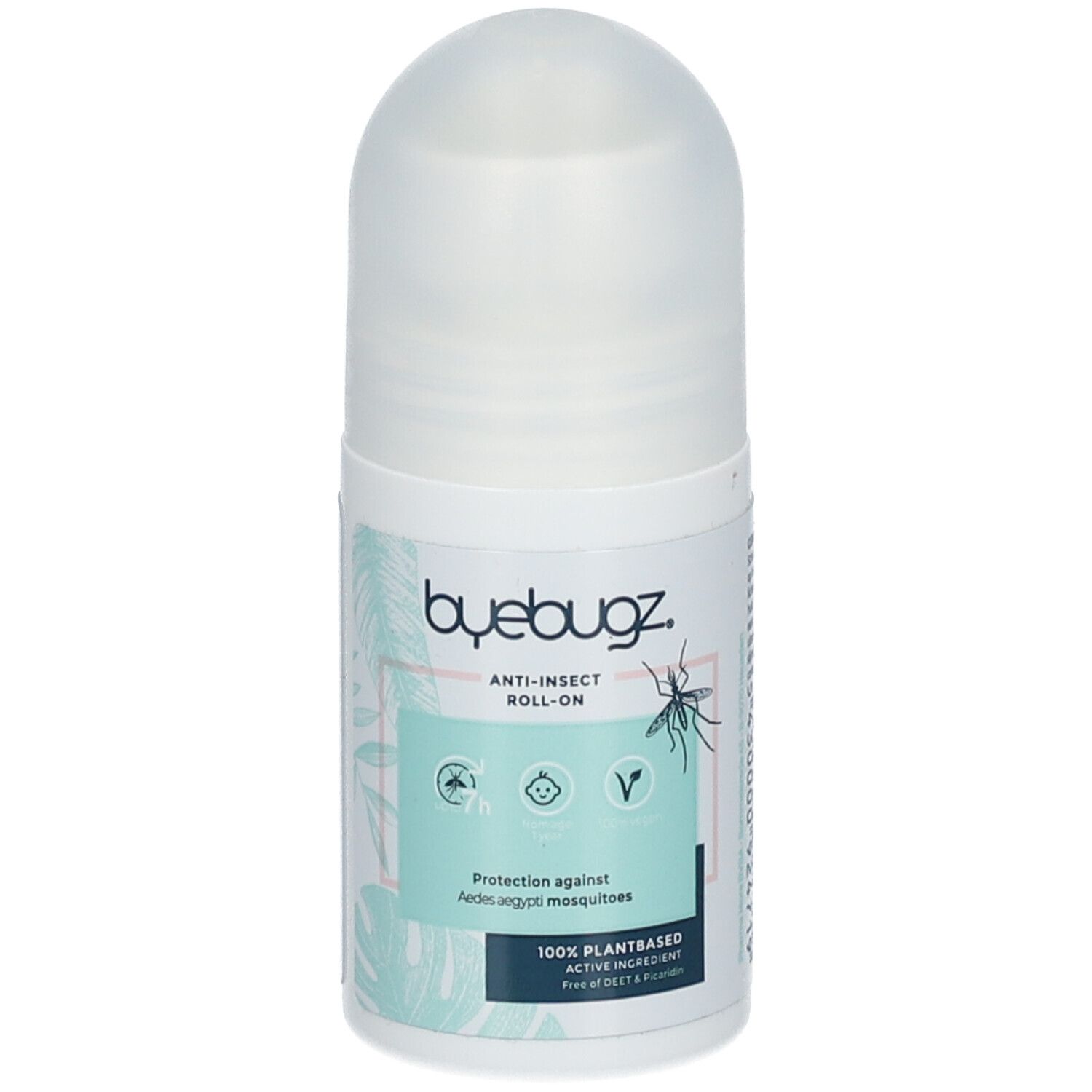 Roll-on fles met witte dop. Opschrift: ByeBugz Anti-Insect Roll-On. Bevat informatie over bescherming tegen muggen.