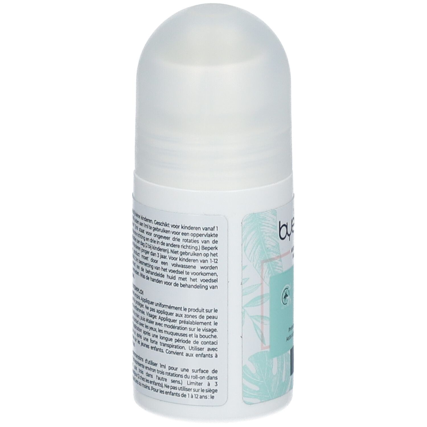 Roll-on fles met witte dop. Achterkant met tekst. Bevat informatie over gebruik en waarschuwingen.
