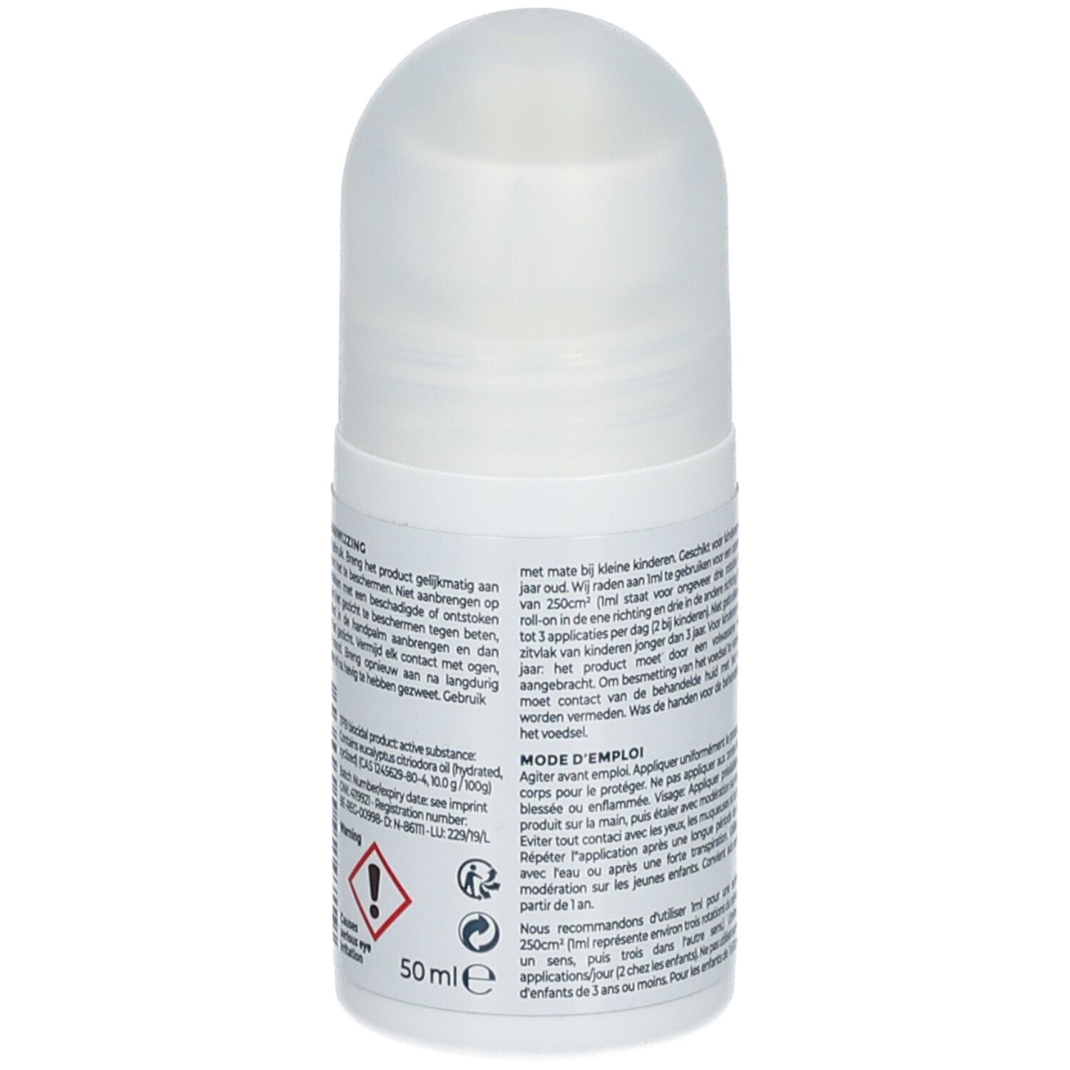 Roll-on fles met witte dop. Bevat tekst en symbolen. Volume: 50 ml. Bevat informatie over gebruik.