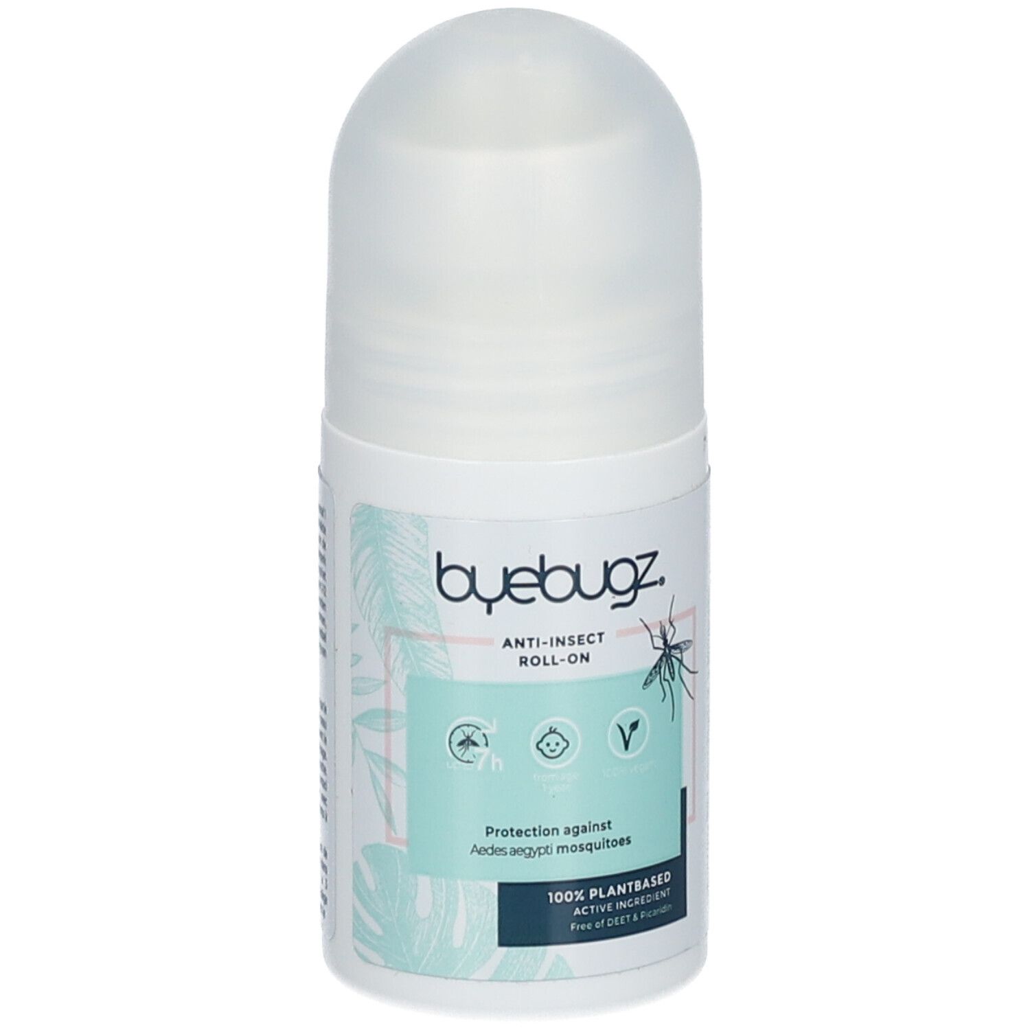 Roll-on fles met witte dop. Opschrift: ByeBugz Anti-Insect Roll-On. Bevat informatie over bescherming tegen muggen.