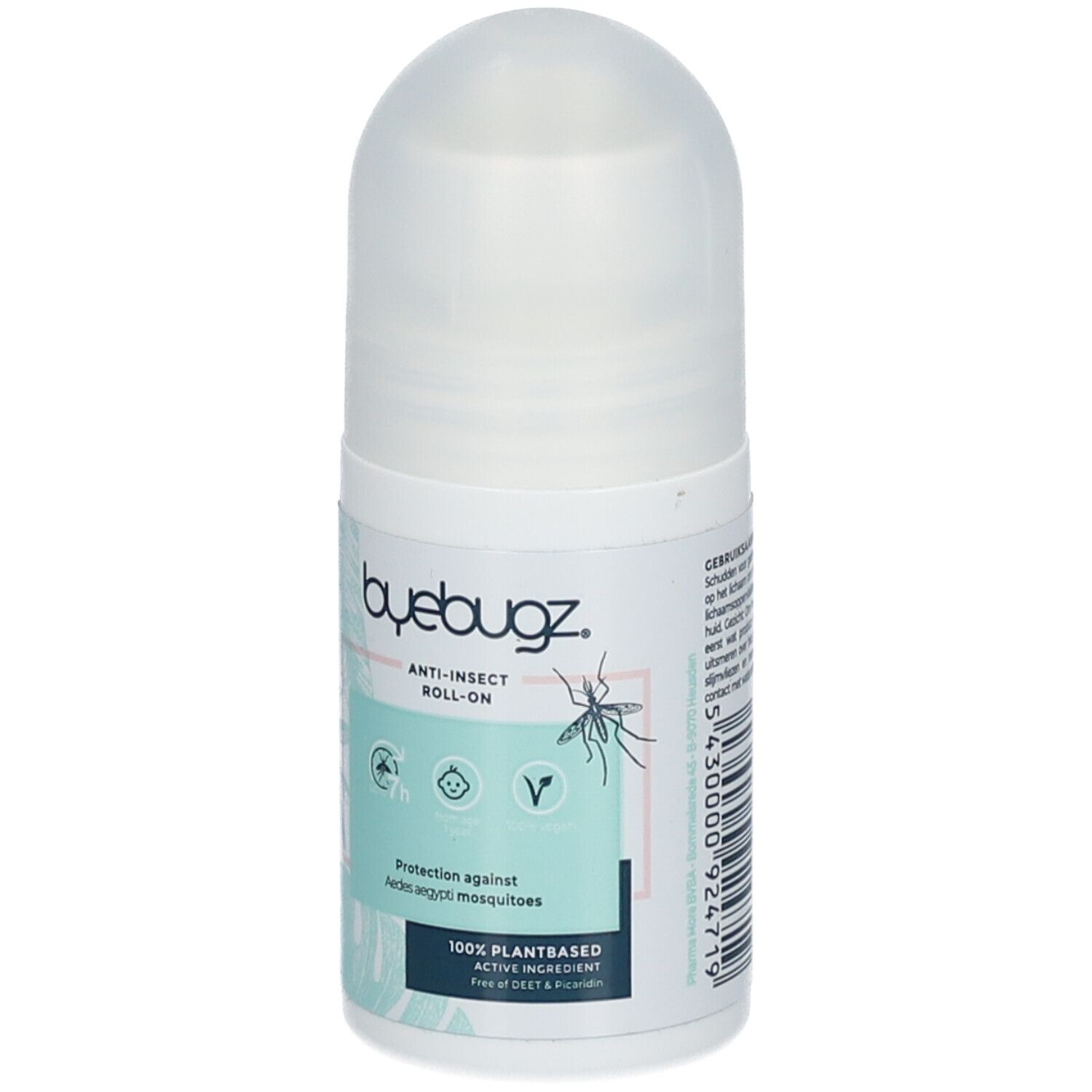 Roll-on fles met witte dop. Opschrift: ByeBugz Anti-Insect Roll-On. Bevat informatie over bescherming tegen muggen. Met barcode.