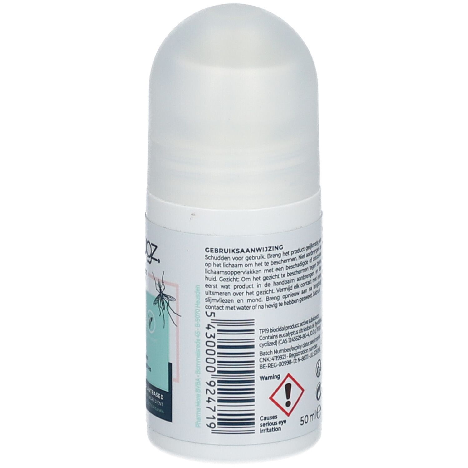 Roll-on fles met witte dop. Bevat tekst en symbolen. Waarschuwing: Veroorzaakt ernstige oogirritatie. Volume: 50 ml.