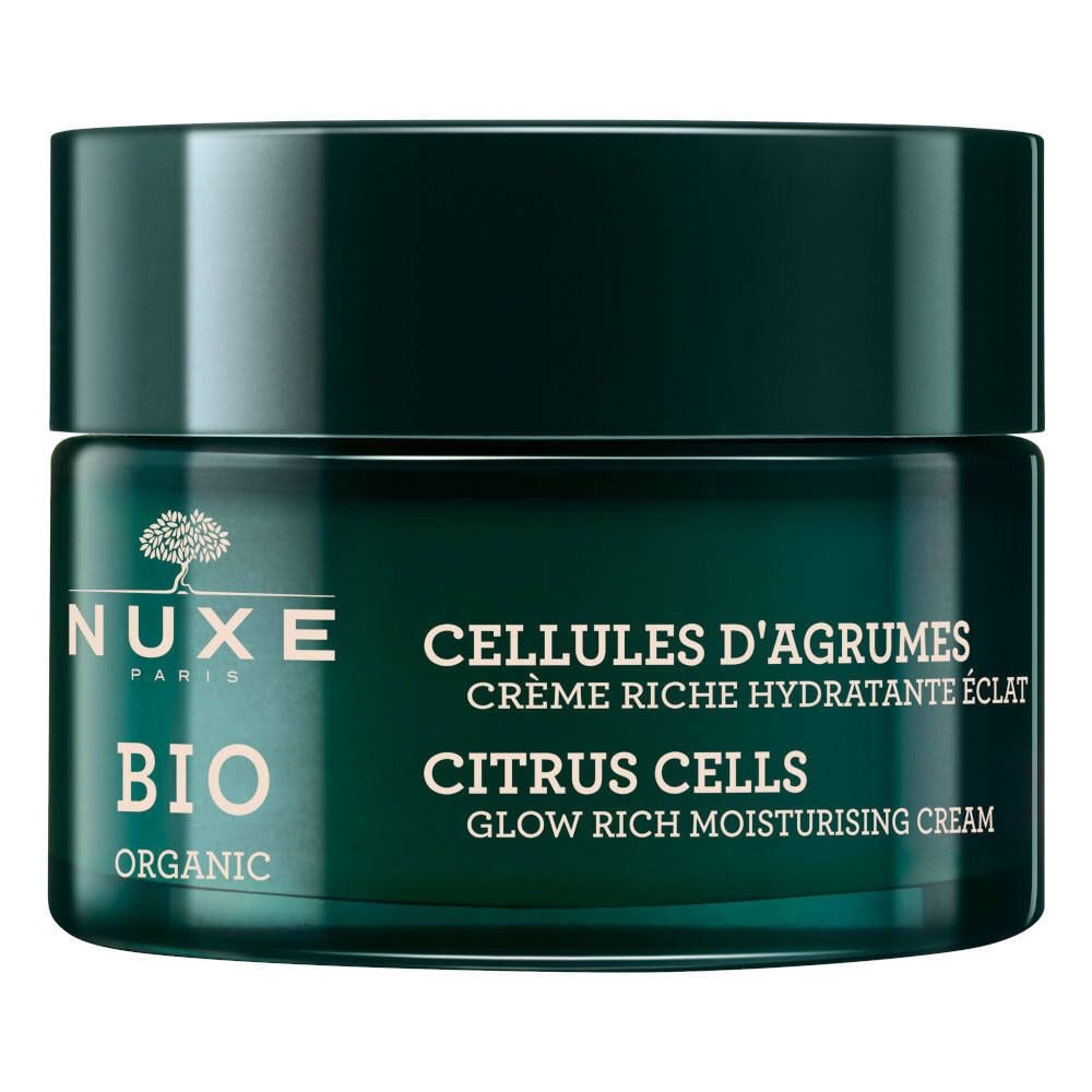 Groene crème pot met NUXE BIO logo en tekst. Opschrift: CELLULES D'AGRUMES, CRÈME RICHE HYDRATANTE ÉCLAT, CITRUS CELLS, GLOW RICH MOISTURISING CREAM.
