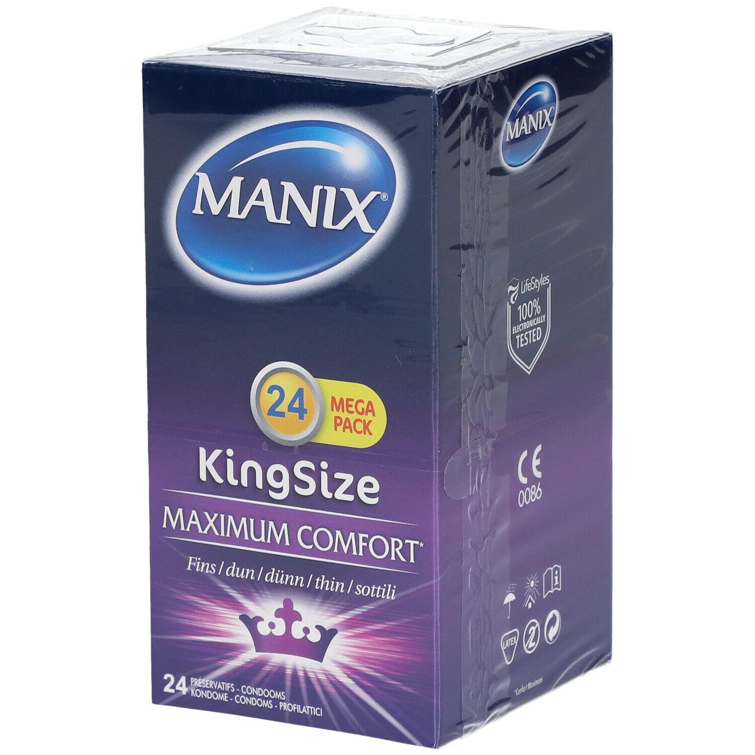 Manix KingSizeMax verpakking met 24 condooms. Opschrift: Maximum Comfort. CE-markering.