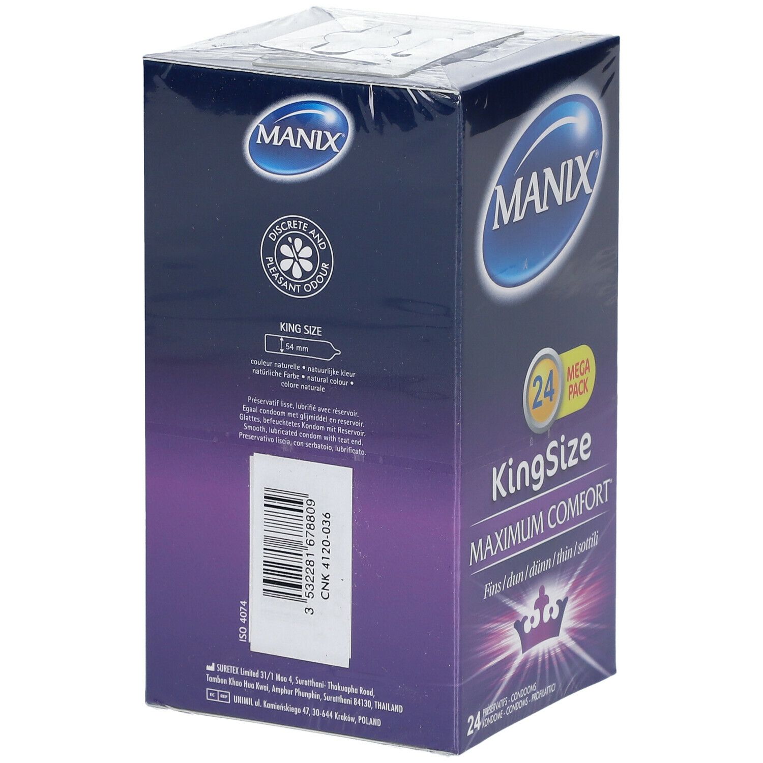 Manix KingSizeMax verpakking. Achterkant met productinfo en barcode. King Size aanduiding.