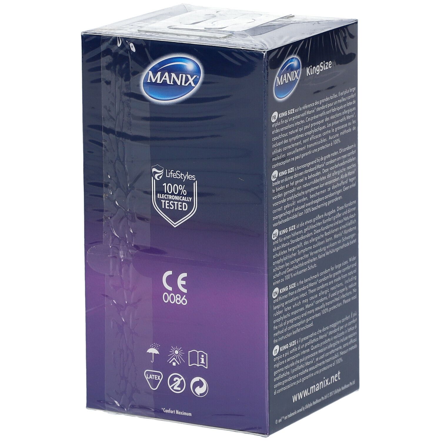 Manix KingSizeMax verpakking. Achterkant met productinfo, CE-markering en latex symbool.