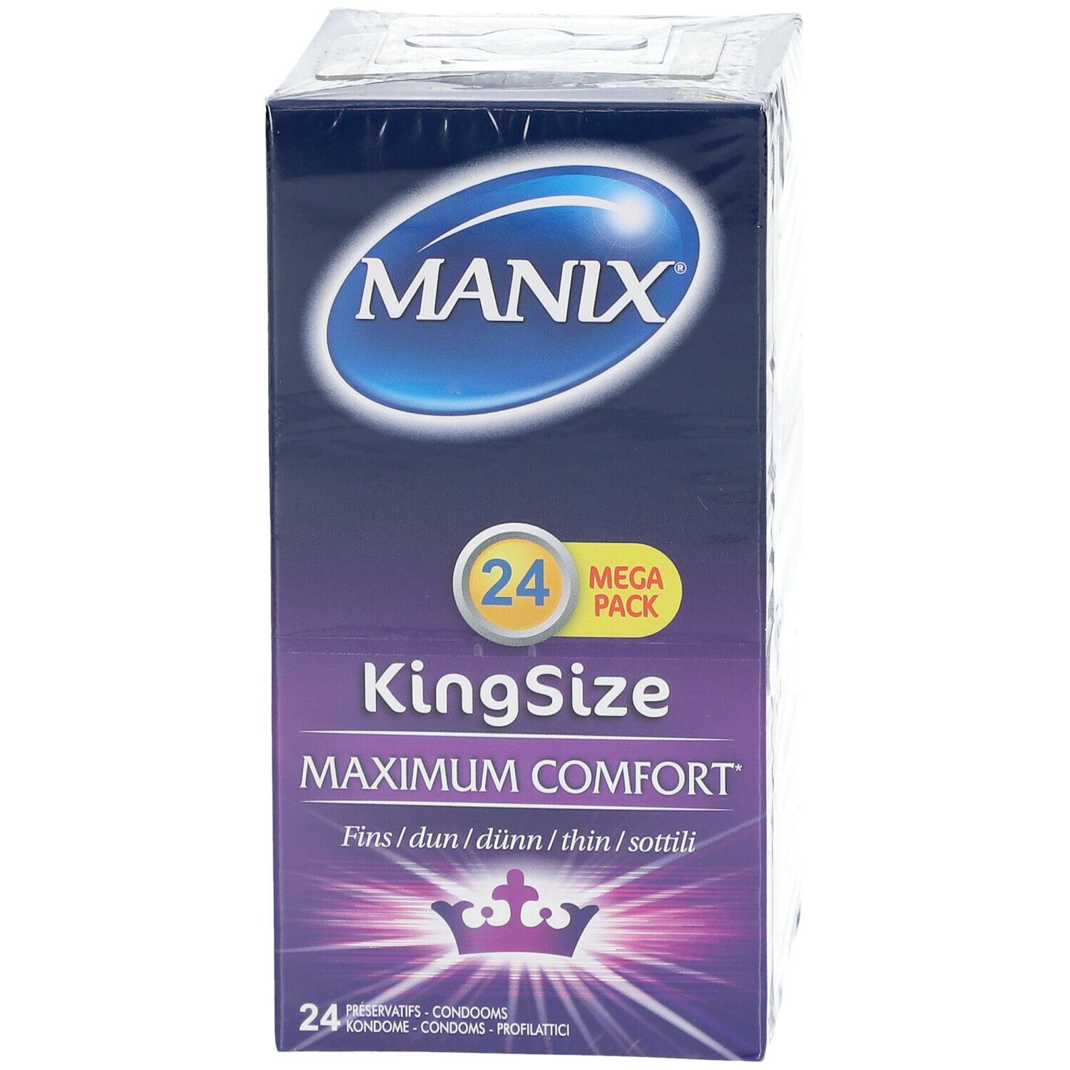 Manix KingSizeMax verpakking met 24 condooms. Opschrift: Maximum Comfort. Kroon logo.