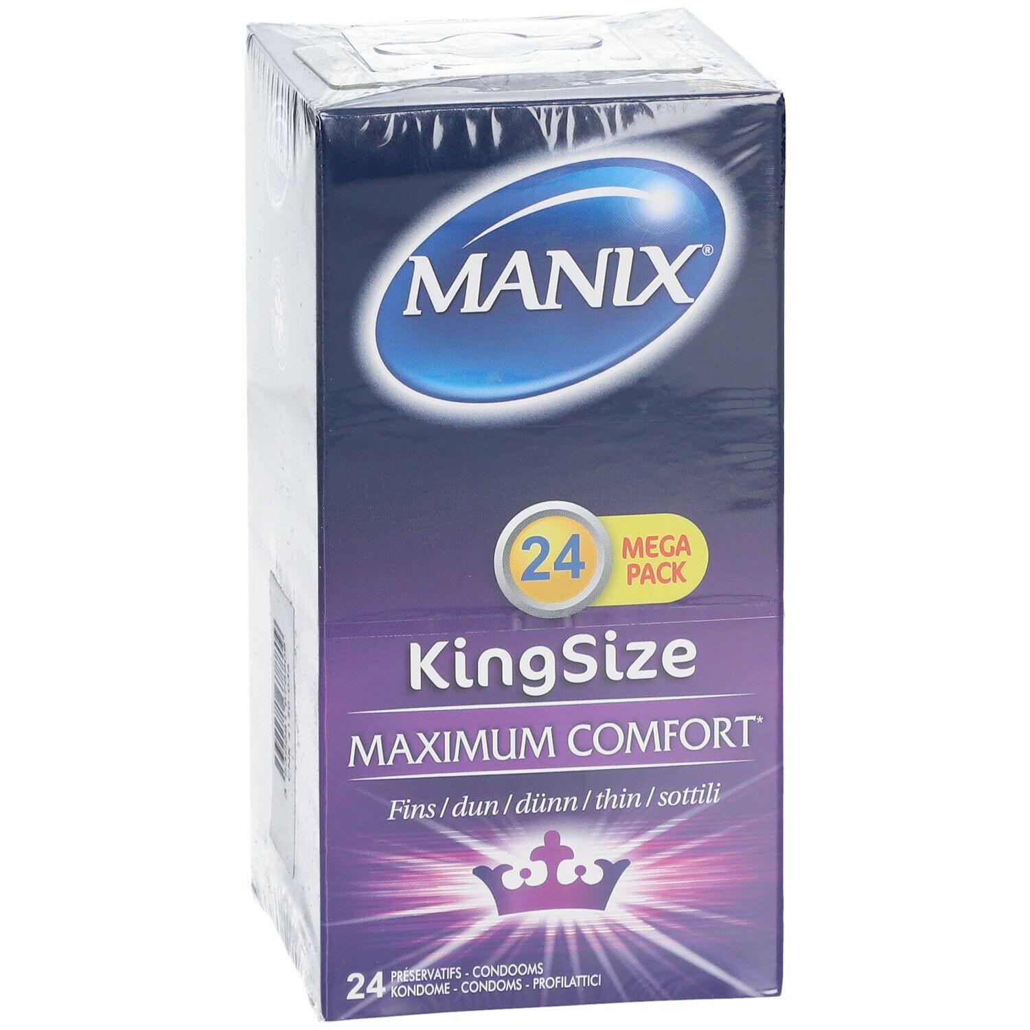 Manix KingSizeMax verpakking met 24 condooms. Opschrift: Maximum Comfort. Manix logo.