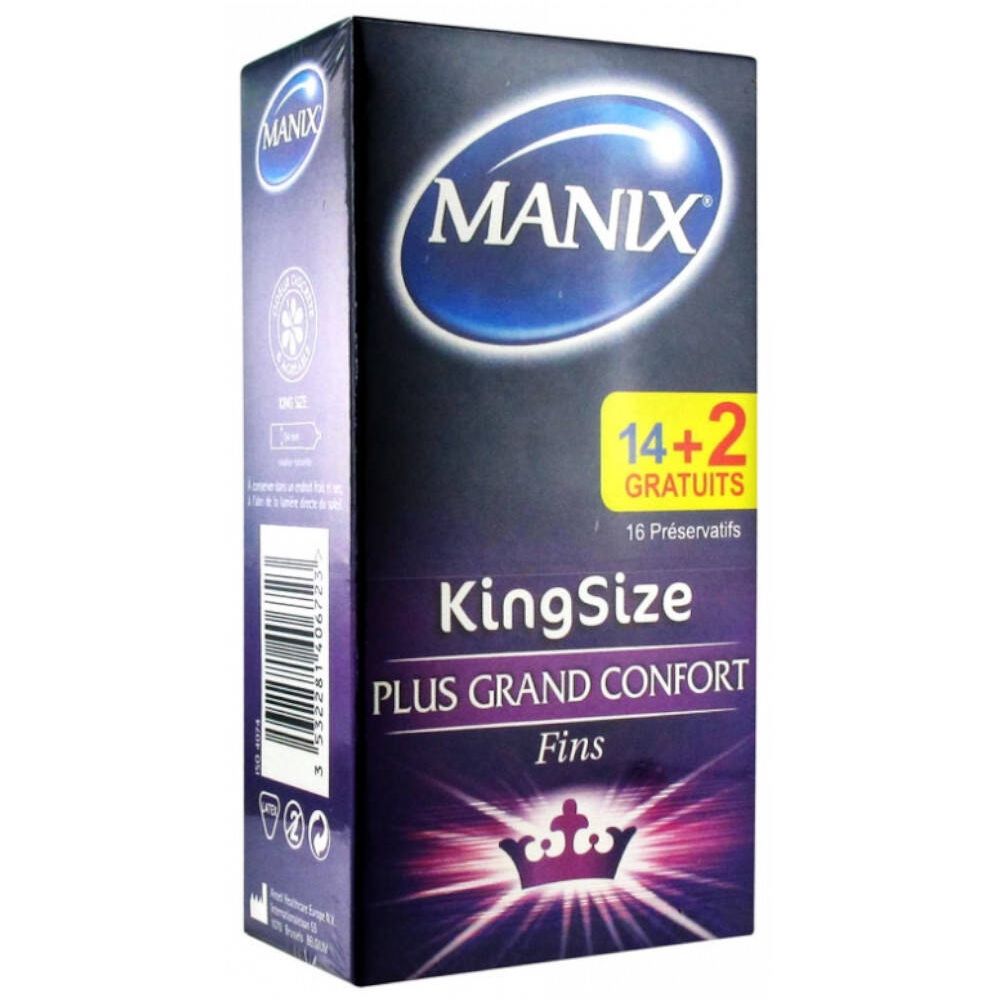 Verpackung mit Kondomen. Marke MANIX, KingSize, 16 Stück. Aufschrift: 14+2 gratis.