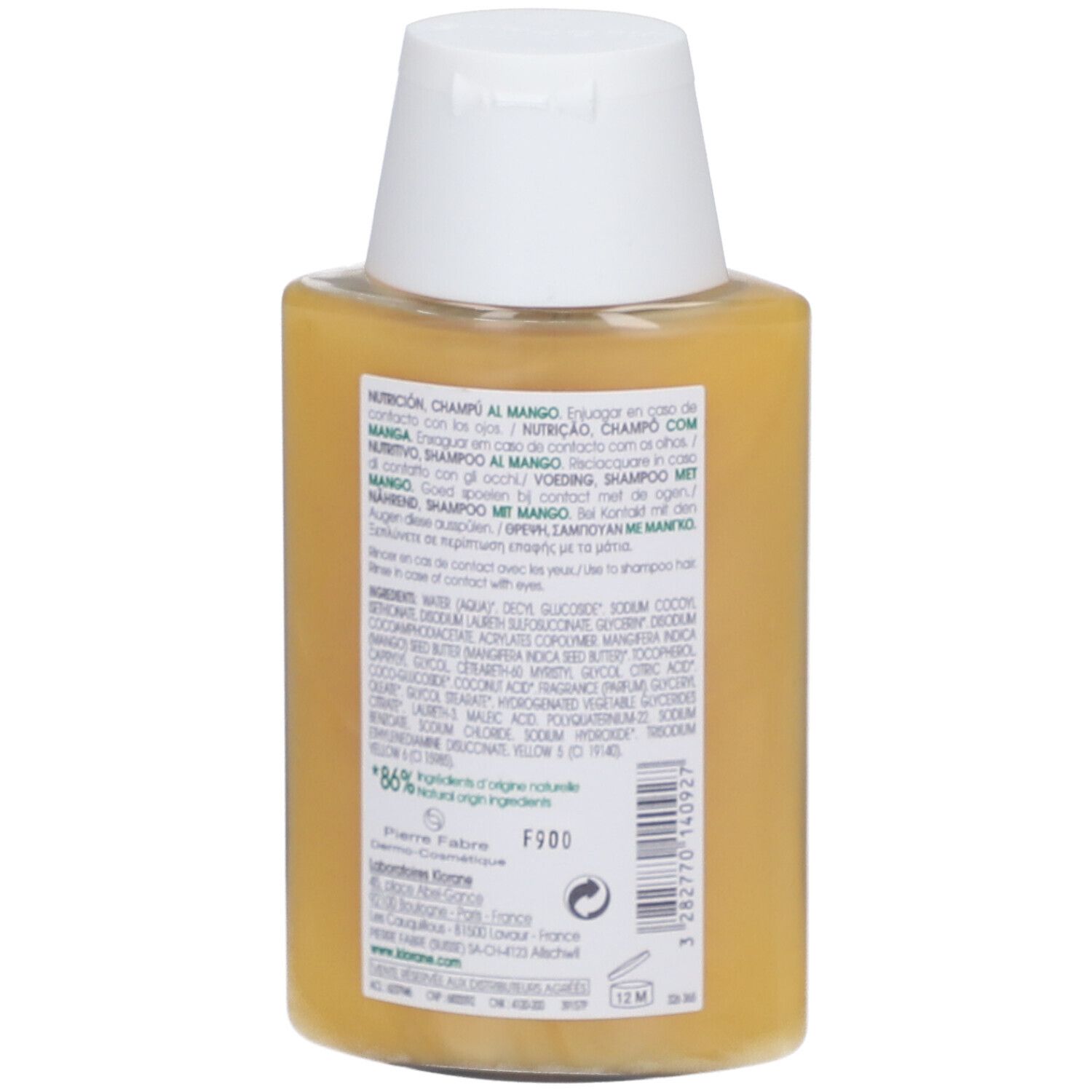 Gelbe Flasche mit weißem Verschluss, Rückseite mit Etikett und Inhaltsstoffen.