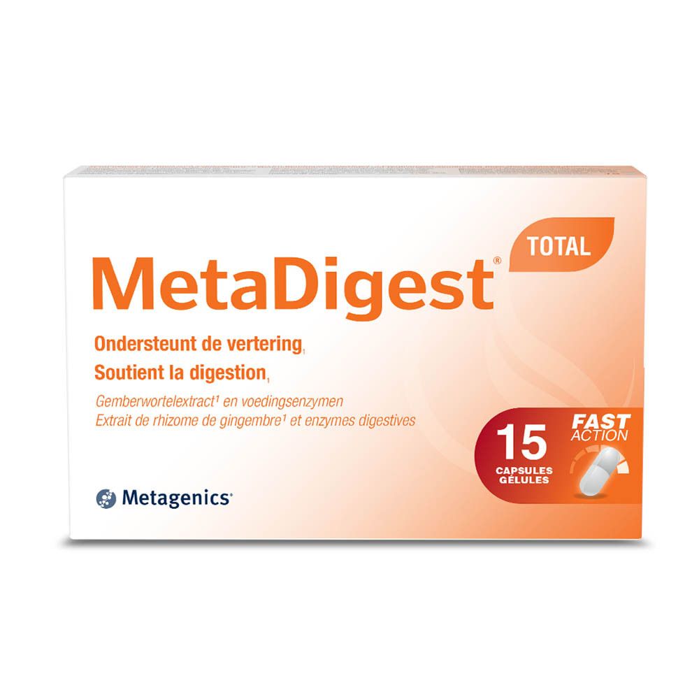 Emballage MetaDigest Total. Blanc avec texte orange. Contient 15 gélules. Logo Metagenics. Similase® wordt • devient.