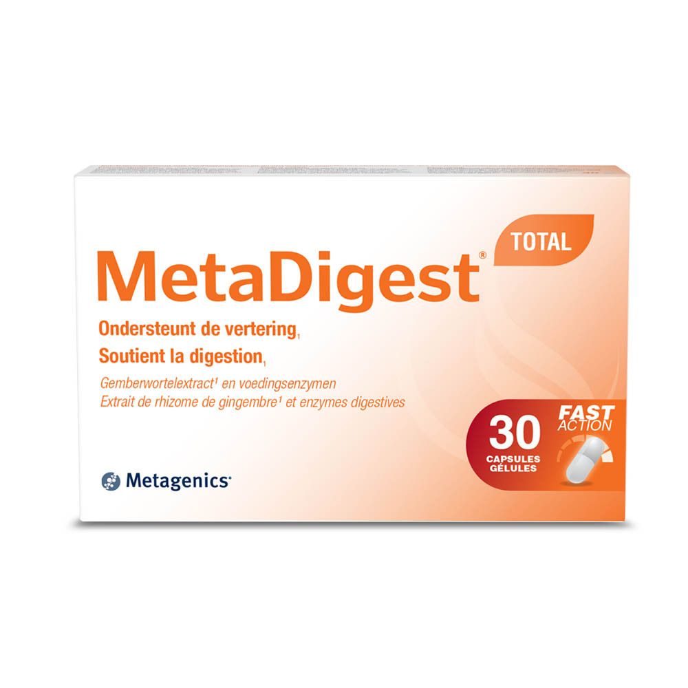 Boîte MetaDigest Total. Boîte blanche avec accent orange. Nom et logo visibles. 30 gélules. Action rapide.