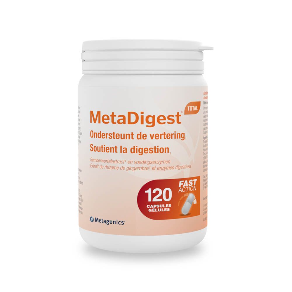 Flacon blanc MetaDigest. Contient 120 gélules. Inscription « Fast Action ». Marque Metagenics.
