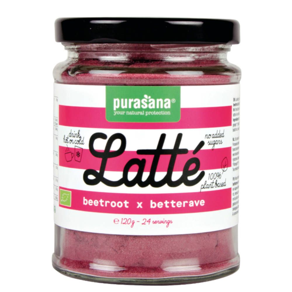 Glazen pot met roze poeder. Etiket met "Purasana Latte", "rode biet" en "100% plantaardig".