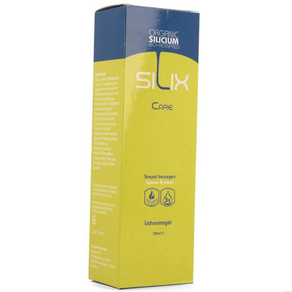 Boîte de gel SILIX CARE, jaune avec texte bleu et logos. Contient 100ml.