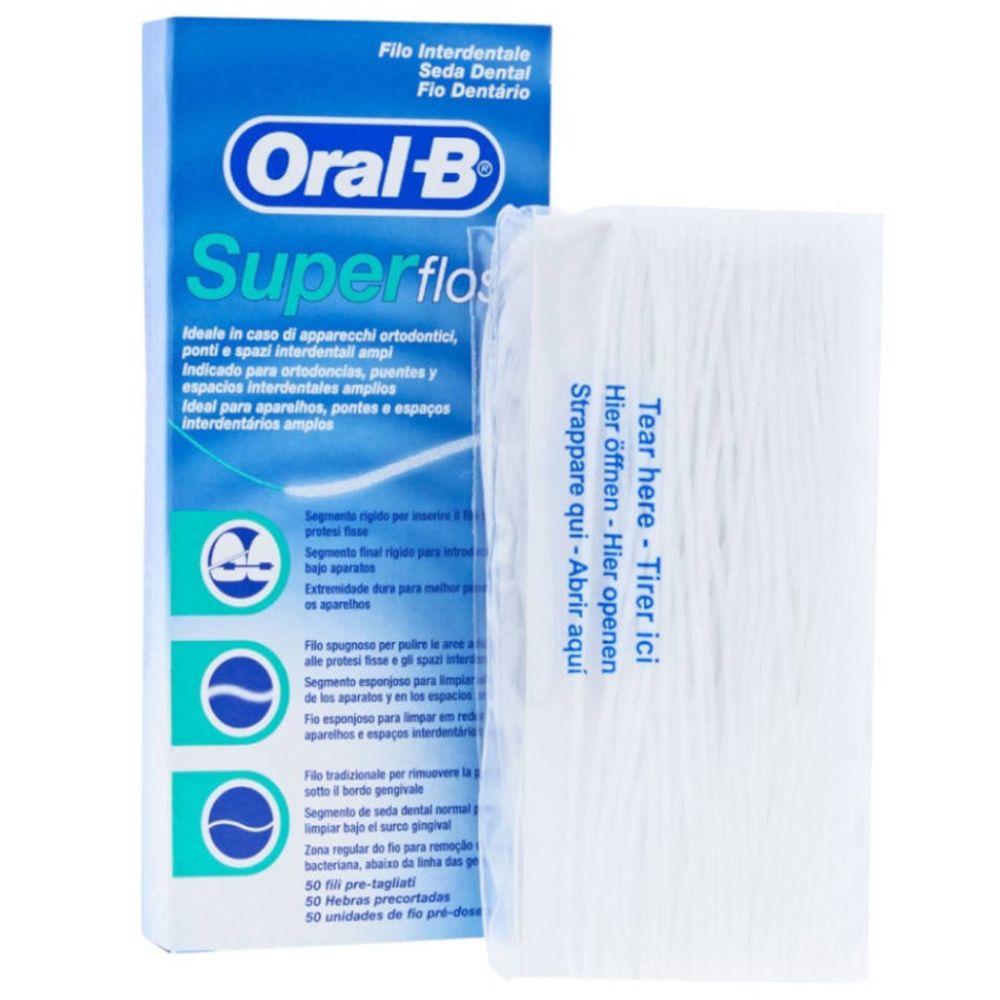 Paquet et sachet de fil dentaire. Sachet de fil dentaire blanc. Emballage bleu avec nom et logos du produit.