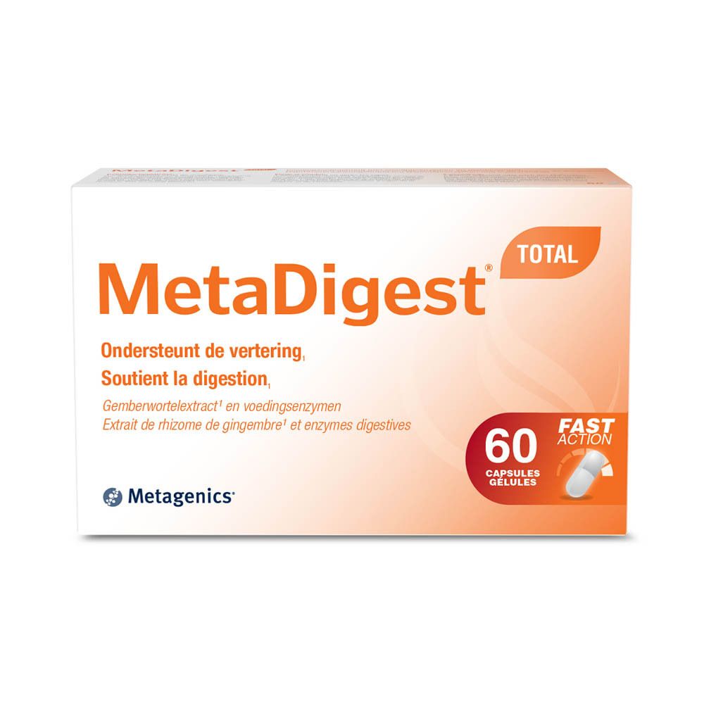 Emballage MetaDigest Total. Inscription: MetaDigest Total, 60 gélules, Fast Action. Logo Metagenics.