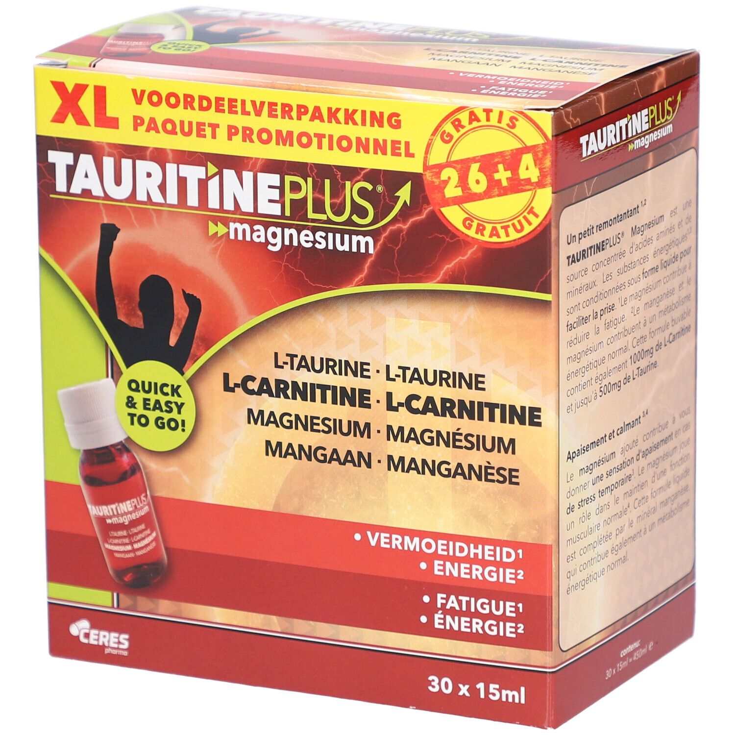 Boîte XL TAURITINE PLUS® Magnesium. Contient L-Taurine, L-Carnitine, Magnésium et Manganèse. 30 flacons de 15ml.