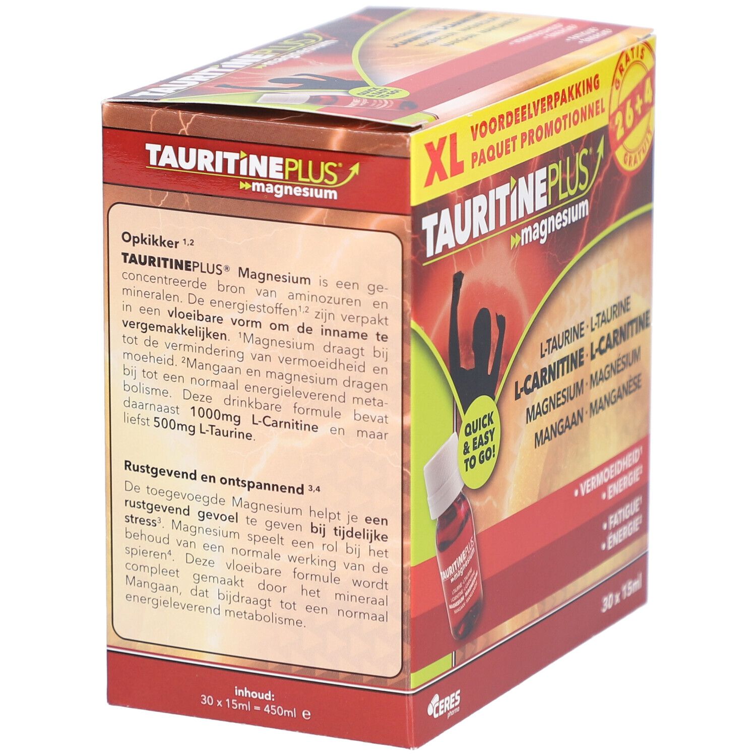 Dos de la boîte XL TAURITINE PLUS® Magnesium. Contient L-Taurine, L-Carnitine, Magnésium et Manganèse. 30x15ml.