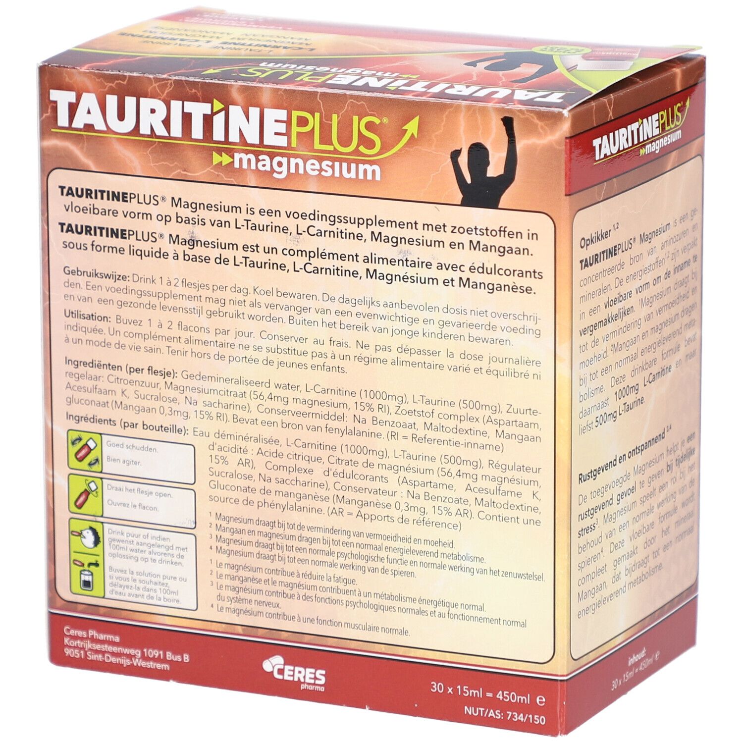 Côté de la boîte XL TAURITINE PLUS® Magnesium. Contient L-Taurine, L-Carnitine, Magnésium et Manganèse. 30x15ml.